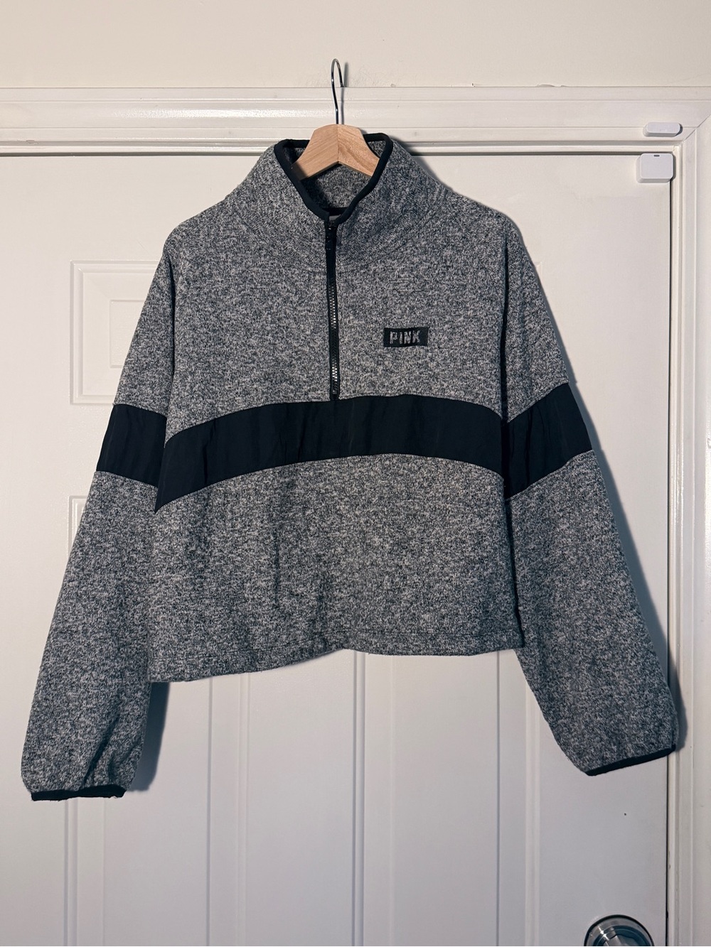 PINK Cropped Grey Quarter-Zip Pullover with Black Stripe. XL